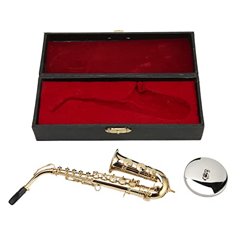 Cerlyiont Mini saxophone alto décoratif en laiton doré avec support et boîte cadeau – Ornements de bureau, étagère ou vitrine, 16 cm