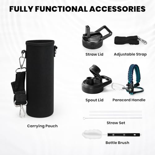 Image of RAYMYLO Insulated Water Bottle 24 oz, Triple Wall Vacuum Stainless Steel (Cold for 24Hrs, Hot for 12Hrs), Leak Proof & Non-BPA, Modern Water Flask Jug with Paracord Handle & Straw Spout Lids