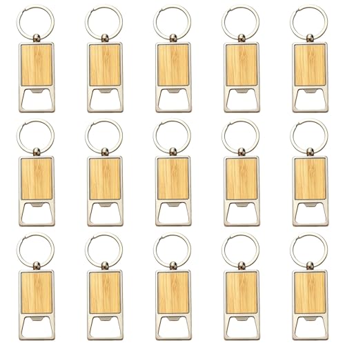 Frinnovan, 15 Pack Wooden Bottle Opener Keychains Blank Wood Openers