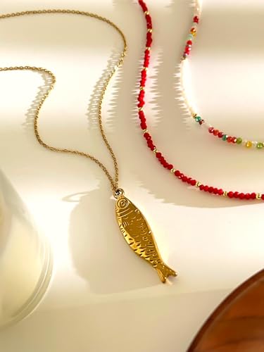 Fish Necklace, Gold Layered Beach Summer Y2k Pendant Necklaces Beachy Choker Beaded Charm Non Tarnish Statement Dainty Stack Stainless Steel Anniversary Holiday Jewelry Gift4