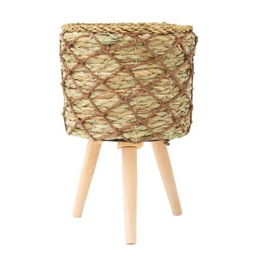 Maceta tejida con 3 patas de madera - Soporte para plantador natural | Niño de paja ecológico para plantas de interior, cesta decorativa rústica, soporte para plantas de mimbre hecho a mano