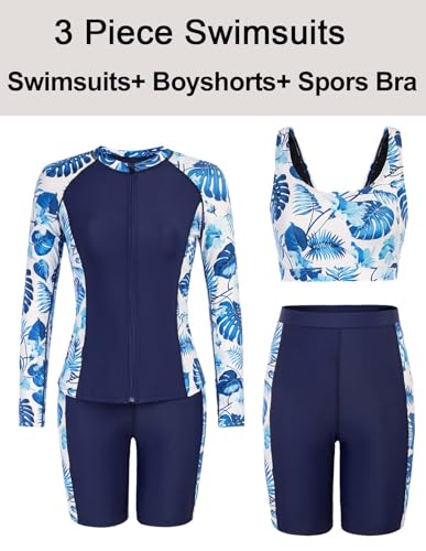 Image of JACK SMITH Women's 3 Piece Long Sleeve Rash Guard Swimsuits Zip Front Bathing Suit Tankini Swimsuits UPF 50
