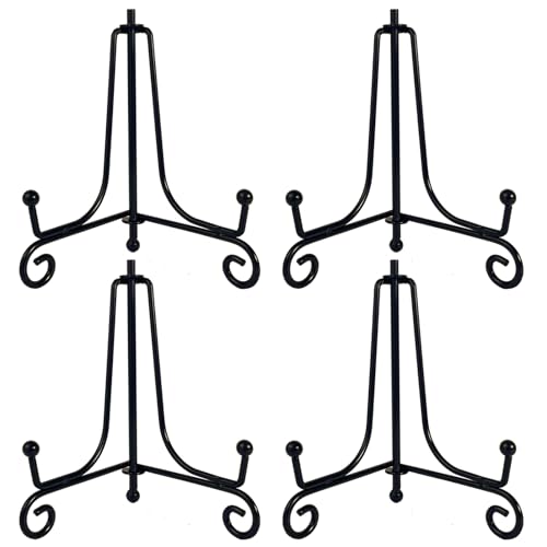 HENABLE 4PCS Premium Black Iron Plate Stands for Display 4 Inch Decorative Solid Metal Plate Holders for Displaying Mini Easel Frame Book Card Plaque Bowl Picture Stands for Display