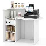 Giantex Reception Desk, Front Counter Desk with Lockable Drawer, Checkout Table with Round Tabletop, Corner Shelf & Adjustable Shelf for Office Beauty Salon Retail Store (White)