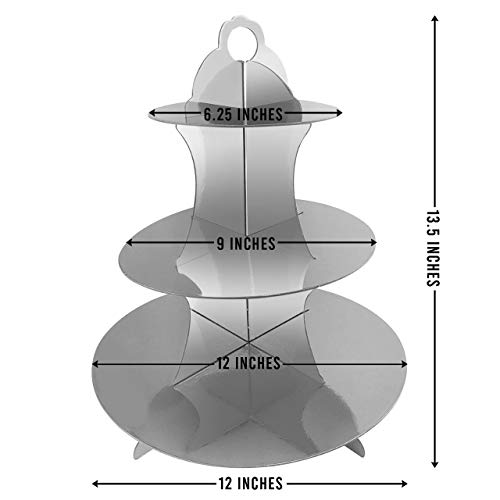 3-Tier Round Cardboard Cupcake Stand (12" W X 13.5" H) Birthday Wedding Special Event Decoration Reusable (1Pc) (Silver) #TOP1