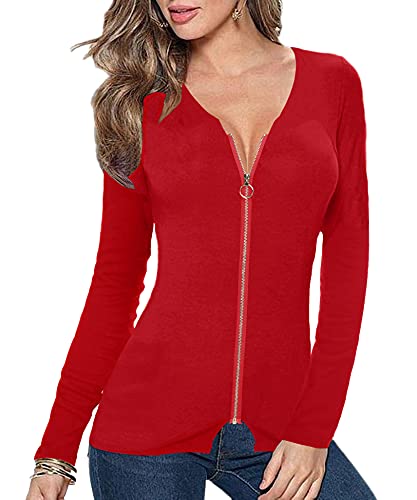 Image of Afibi Women V Neck Zip Front Long Sleeve Casual Top Blouse Shirt /Cardigan