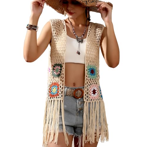 Women's Floral Crochet Hollow Out Sleeveless Fringe Boho Retro-Look Handmade Cardigan Vest Tassels
