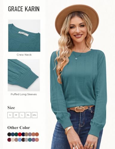 Image of GRACE KARIN Fall Sweaters for Women 2026 Puff Long Sleeve Crewneck Dressy Casual Tops Crochet Hollow Out Cute Pullover Blouse