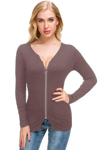 Image of Afibi Women V Neck Zip Front Long Sleeve Casual Top Blouse Shirt /Cardigan