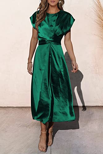 Prettygarden Women's 2023 Summer Satin Midi Dress Cap Sleeve Tie Waist Elegant A-Line Flowy Dresses (Dark Green,Large) #TOP1