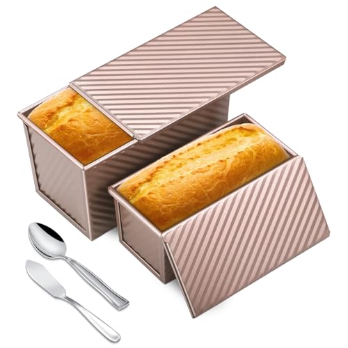 MICHIHOMIE 4 Pack Pullman Loaf Tin Set 450g and 230g Bread Loaf Tin with Spatula and Spoon Non-Stick Bread Baking Mould for Cake Toast with Lid