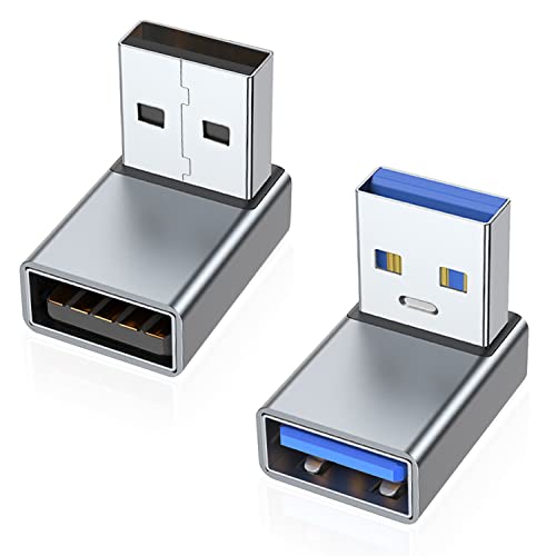 Image of AreMe 90 Degree USB 3.0 Adapter 2 Pack, Up and Down Angle, Grey | USB A Male to Female Converter Extender for PC, Laptop, USB A Charger, Power Bank and More