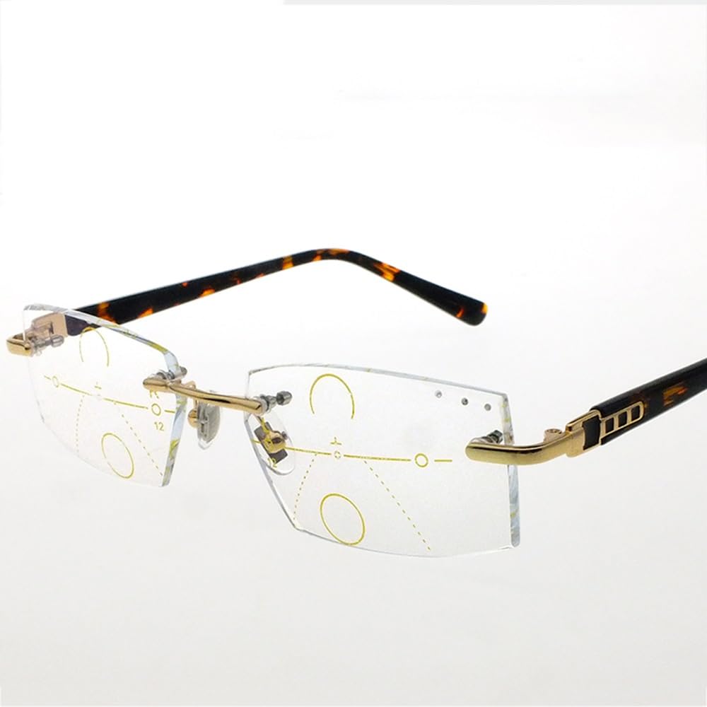 SFIVE 1.0-3.0 Randlos Progressive Multifokus Lesebrille Metallrahmen Computerbrille Rechteck Tragbare Lesebrille Für Männer Frau (Color : Gold, Size : +1.0)