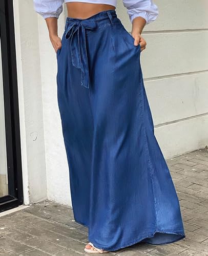 ebossy Women's Elegant Tied Wide-Leg Denim Pants High Waist Casual Loose Floor Length Jean Trousers2