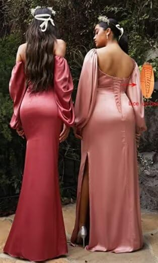 Women's Off Shoulder Satin Prom Dresses Long Sleeve Mermaid Long Formal Evening Gowns with Slit2