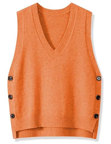 Image of Womens Knit Sweater Vest Side Button Down Pullover Sleeveless V Neck Knit Sweater Vest(0312-Orange-L)