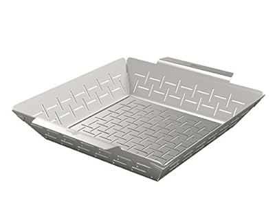 Cave Tools Vegetable Grill Basket - Dishwasher Safe Stainless Steel - Large Non Stick BBQ Grid Pan for Veggies Meat Fish Shrimp & Fruit - Best Barbecue Wok Topper Accessories Gift for Dad