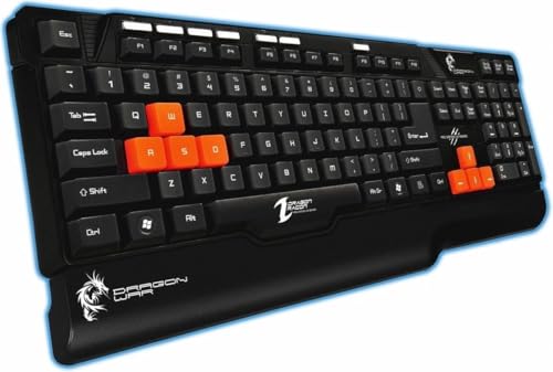 Dragonwar Recon Semi-Mechanische Tastatur, kabelgebunden, 7 Multimedia-Tasten, 18 Tasten, Anti-Ghosting-Tastatur, halbmechanisch, USB 2.0, goldfarben, 2 m, QWERTY-Kabel, Schwarz