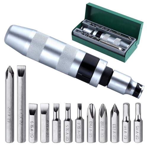 LEONTOOL 13PCS 1/2 Inch Drive Manual Impact Driver Set Hand Impact Driver Extractor Tool, Reversible Hand Screwdriver Set with Slotted Phillips Hexagonal Screwdriver Bits, for Tighten/Rusted Fasteners