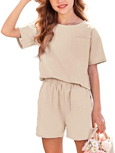 Flypigs Clothes for Girls Linen Solid Short Sleeve Top and Shorts Clothing Set Outfit Summer Tracksuits Beige,11-12Y