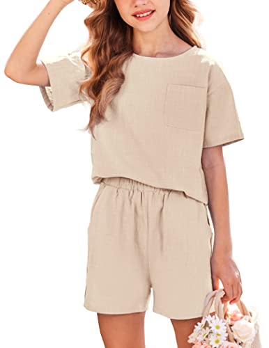 Flypigs Clothes For Girls Linen Solid Short Sleeve Top And Shorts Clothing Set Outfit Summer Tracksuits Beige,11-12Y #TOP28