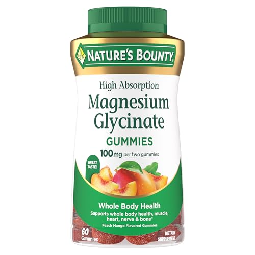 Natures Bounty High Absorption Magnesium Glycinate Gummies 100 mg Magnesium Per Serving Whole Body Health No Stick Gummy Peach Mango Flavor Vegetarian & Gluten Free 60 Count/30 Servings