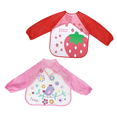 Kisangel 2Piezas Delantales De Dibujo Para Impermeables Estampado De Fresa Roja y Pájaro Rosa Ropa De Pintura Infantil Para Niñas