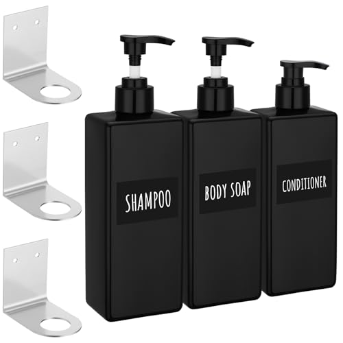 Image of Segbeauty Soap Dispenser Wall Mounted, 3pcs 16.9oz Drill Free Shampoo Bottles with Waterproof Labels, Refillable Plastic Shower Dispenser Set Soap Holder Shower Accessories for Shower Wall Black