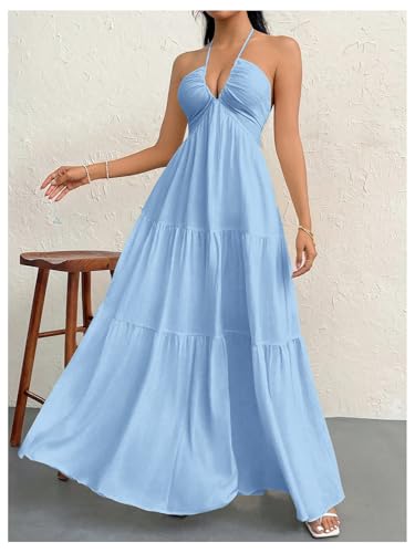 Image of SHENHE Women's Deep V Neck Tie Knot Backless Halter Dress A Line Flowy Ruffle Maxi Dress