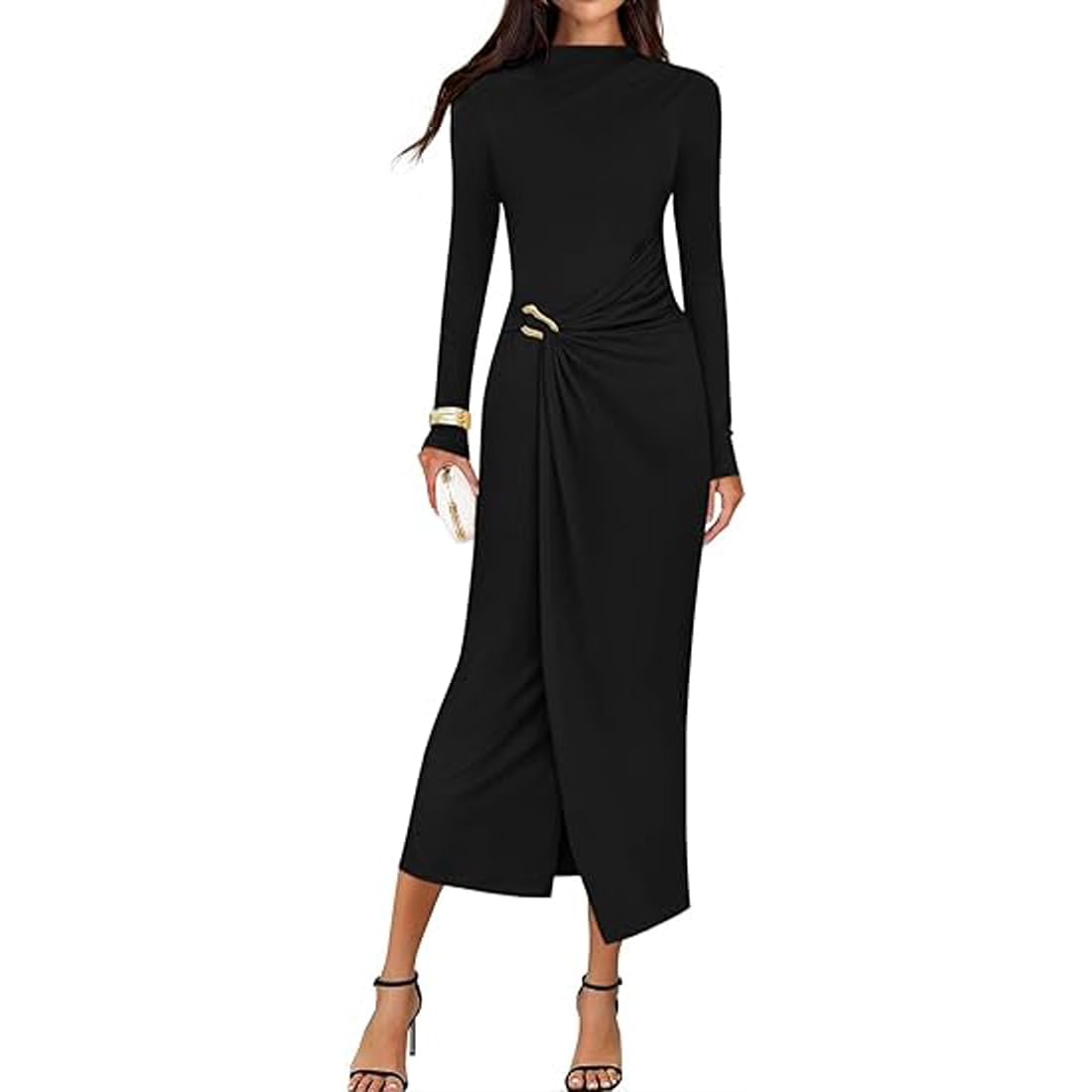 Vestito da Cocktail Donna Sexy Maniche Lunghe Aderente Maxi Abito Elegante Cerimonia Vestiti Lungo Business Abito da Cocktail Formale Lavoro Autunno e Invernale per Sera Partito Festa Matrimonio