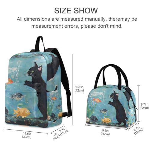 Backpack Lunch Box Set Large Capacity Travel Backpacks and Insulated Lunch Bag for Commute Hiking Picnic Cat and Fishes Print2