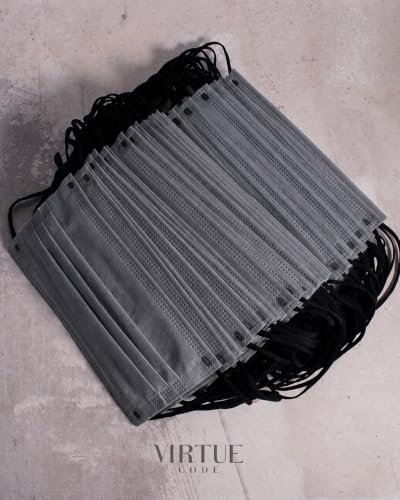 Image of VIRTUE CODE Charcoal Support Face Masks - Soft 3 Ply Comfort Colorful Disposable Face Mask 50 Pack. Adults Mens and Womens Dark Gray Disposable