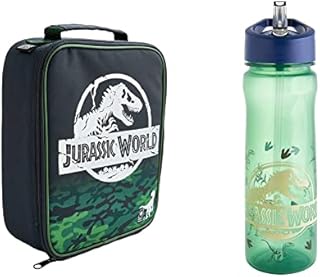 Jurassic World Camo Rectangular Lunch Bag & Jurassic World Bronze Water Bottle  Reusable Kids 600ml PP in Green & Blue  Official Merchandise by Polar Gear  BPA Free & Recyclable Plastic