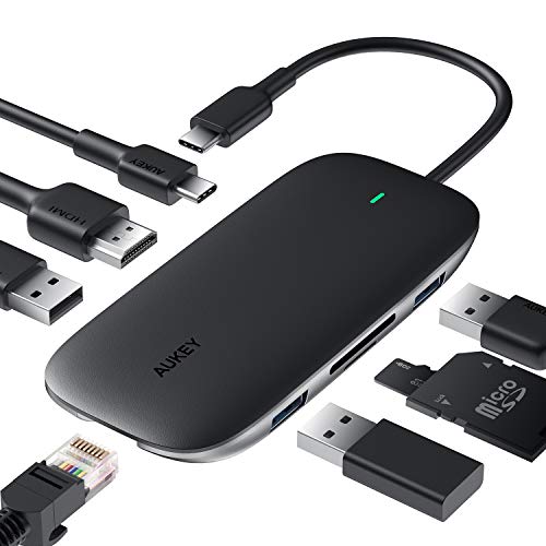 AUKEY USB-C Hub 8 in 1 USB Type C Hub mit Ethernet Port, USB C auf 4K HDMI, 3 USB 3.0 Ports, 100W USB C PD Ladeanschluss, TF Micro SD Kartenleser für MacBook Pro Air, Chromebook Pixel, USB C Laptops