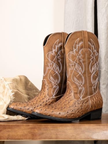 Image of Western cowboy boots, ostrich leather, embroidered design, brown, mid-calf, men's antique ostrich embossed exotic western boots round head.