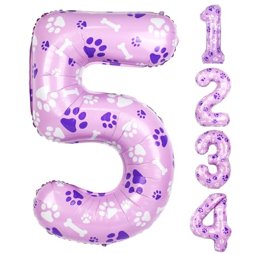 40 Inch Pink Dog Paw Birthday Balloons, Numeral 5 Balloons for Girls Boys Pink Dog Paw Print Themed Birthday Party Decorations (Number 5)