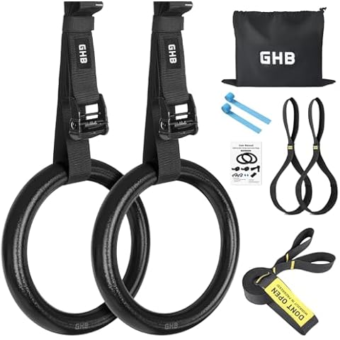 GHB Gymnastic Rings Gym Rings 1.1" Olympic Rings Adjustable Straps Pull Up Rings Sets for Workout Bodyweight Fitness Training Cover