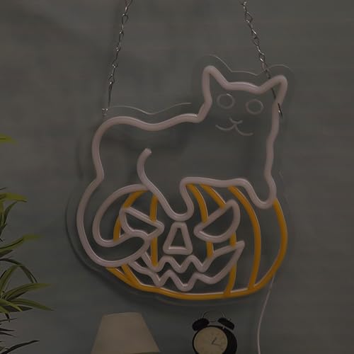 Image of Cat on Pumpkin Neon Sign for Halloween Party Decor, Dimmable LED Light for Playroom, Man Cave, Game Room, Bar - Halloween Gifts