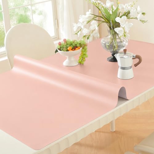 Image of OstepDecor Pink Table Cover Protector 16 x 28 Inch, 1.5mm Thick Plastic Table Cover, Dining Table Protector Pad, Waterproof & Easy Cleaning PVC Desk Mat for Dresser, Coffee & Kitchen Wooden Tabletop