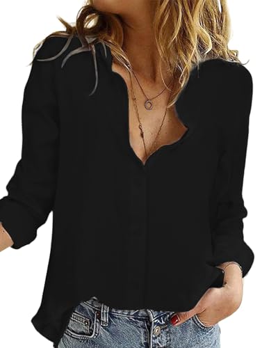 Friptspyg Bluse Damen 100% Baumwolle Langarm Lässig Hemd V-Schnitt Roll Up Ärmel Button Down Bluse Tops，Schwarz M
