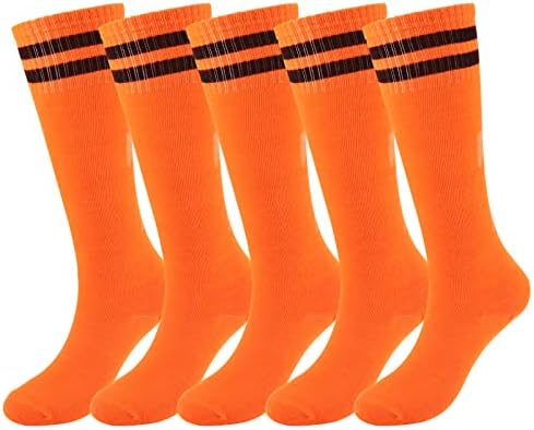 Elfcool 5 Pairs Kids Soccer Socks Youth Knee High Striped Tube Football Baseball Socks for Boys Girls 6-12 Years Old (Orange)
