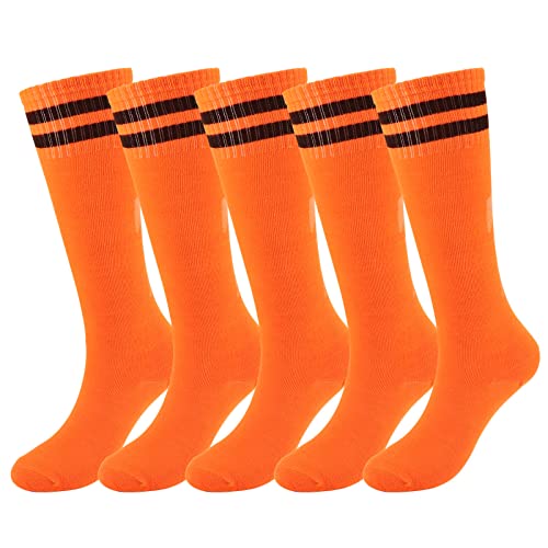 Elfcool 5 Pairs Kids Soccer Socks Youth Knee High Striped Tube Football Baseball Socks For Boys Girls 6-12 Years Old (Orange) #TOP16
