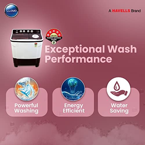 Image of Lloyd 8 kg 5 Star Semi Automatic Top Load Washing Machine |1300 RPM | Soak Function | 3 Wash Programs | Swift Dry | Magic Filter (GLWMS80IDMDE, Maroon and White)