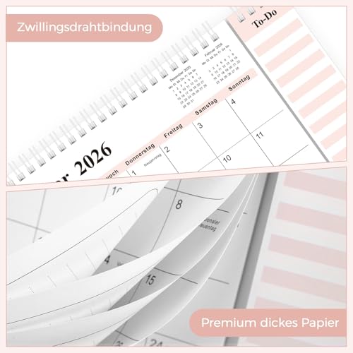 SKYDUE Tischkalender 2026, Kalender Von Nov. 25 Bis Dez. 26, Stehkalender 2026 Zum Aufstellen, Monatskalender Mit Monatsansicht Abreißbarer Liste,27x23x7.8cm, Kalender Schuljahr (Rosa Silber)