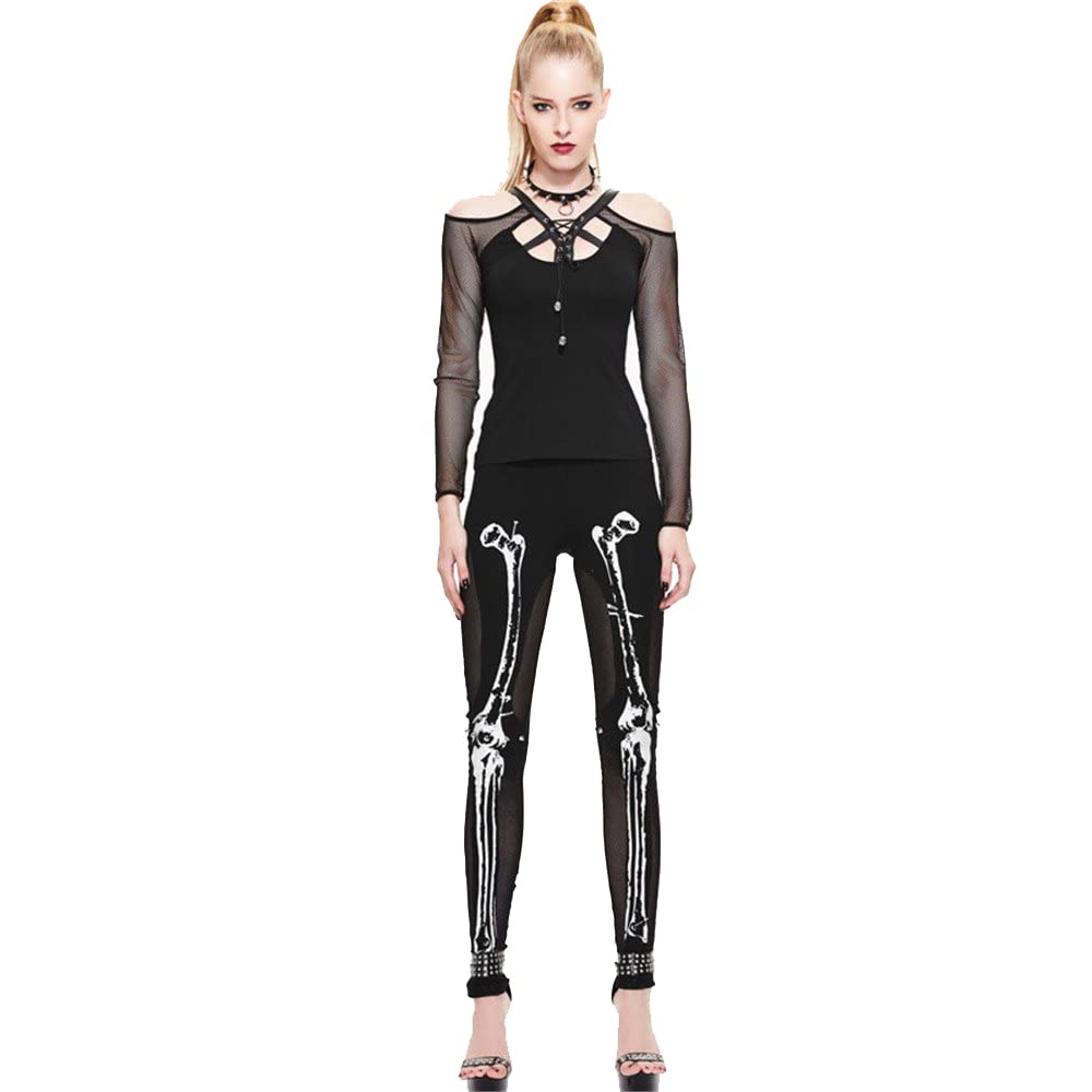 DEVIL SHACKLES Sexy Black Leggings for Women Skull Bone Pattern See Through Women's Pants Clubwear