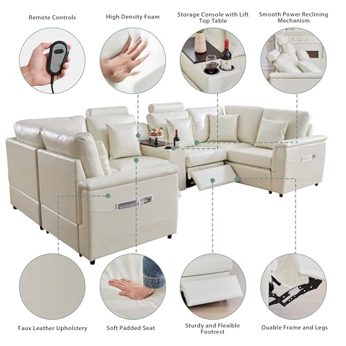 Image of RARZOE Faux Leather Sectional Sofa with 2 Power Recliner, U Shaped PU Leather Couch with Storage Console Charging Cup Holders, 6 Seater Oversized Modular Reclining Couches for Living Room,Beige