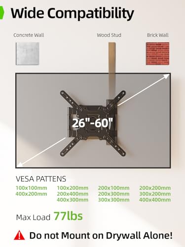 Image of USX Mount TV Wall Mount for Most 26-60 Inch TVs up to 77 lbs, Full Motion Wall Mount TV Bracket with Swivel Tilt Single Stud Design for Corner, Max VESA 400x400mm fit Most 32 40 42 43 50 55 60 TVs