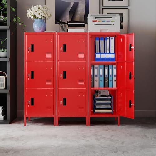 Image of Aobabo 16 inch W 3 Door Metal Storage Locker with Lock, 47 inch H Steel Locker with Name Card Holder and Metal Leg for School, Home, Office, Playroom, Assembly Required, Red