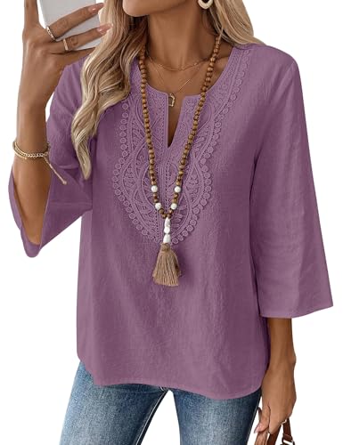 LOMON LOMON Womens 3/4 Sleeve Tops Linen Shirts Cotton Tops