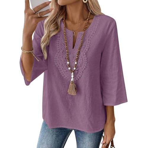 LOMON Womens 3/4 Sleeve Tops Linen Shirts Cotton Tops